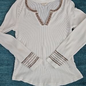 Lucky Brand Cream Long Sleeve Top with Beaded Accents